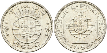 Португальский Тимор 6 эскудо 1958 год тип KM 15 серебро aUNC 4364-1646