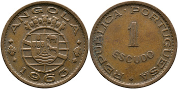 Португальская Ангола 1 эскудо 1963 KM 76 бронза 33-916