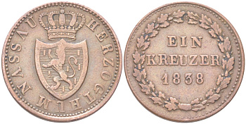 Нассау 1 крейцер 1838 KM 51 медь 4613-526