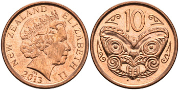 Новая Зеландия 10 центов 2013 маска Маори, Елизавета II (1952-) KM 117а сталь плакированная медью 94-1141