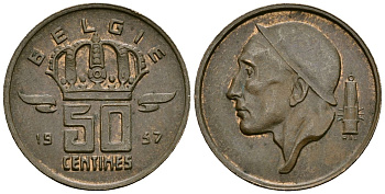 Бельгия 50 сантимов 1957 Belgie, Бодуэн I (1951-1993) KM 149.1 бронза 4164-1048