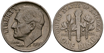 США 10 центов (дайм) 1965 Рузвельт KM 195a медь плакированная медно-никелем 4164-922