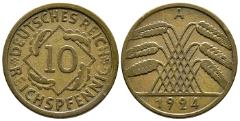 ГЕРМАНИЯ 10 РЕЙХСПФЕННИГОВ 1924 A KM 40, J. 317, Weege 9 алюминиевая бронза 4379-1041