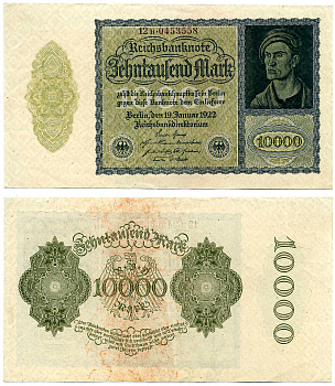 ГЕРМАНИЯ 10000 МАРОК 1922 19 ЯНВАРЯ 1922, РАЗМЕР 180Х100 ММ., СЕРИЯ В, НОМЕР СЕМИЗНАЧНЫЙ Pick 72, Роземберг 69d бумага XF 7553-43-1