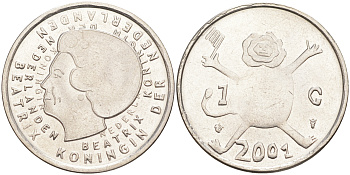 Нидерланды 1 гульден 2001 прощай гульден, детский рисунок, лев с флагом в руках KM 233 никель UNC 106-324