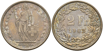 Швейцария 2 франка 1968  KM 21а.1 медно-никель    4153-315