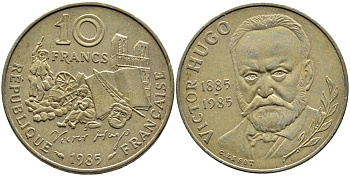 ФРАНЦИЯ 10 ФРАНКОВ 1985 ВИКТОР ГЮГО KM 956 никель латунь 4393-217