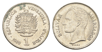 Венесуэла 1 боливар 1989 Симон Боливар, тонкий шрифт Y 52a.1 сталь плакированная никелем 4662-836