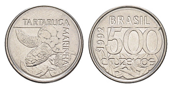 Бразилия 500 крузейро 1992 морская черепаха KM 624 нержавеющая сталь UNC 4644-545