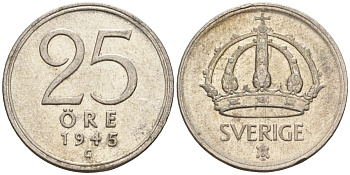 Швеция 25 эре 1945 G, Густав V (1907-1950) KM 816 серебро 4147-964