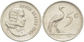 ЮАР 5 ЦЕНТОВ 1969 SOUTH, ЯН ВАН РИБЕК (1619-1677), ГОЛАНДСКИЙ ИССЛЕДОВАТЕЛЬ , МОРЕПЛАВАТЕЛЬ, ОСНОВАТЕЛЬ Г. КЕЙПТАУНА, РАЙСКИЙ ЖУРАВЛЬ KM 67.1 никель 4516-732