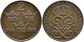 Швеция 2 эре 1910 Густав V (1907-1950), редкий год KM 778 бронза 45-1053