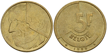 Бельгия 5 франков 1986 Belgie, Бодуэн I (1951-1993) KM 164 алюминиевая бронза 4601-257