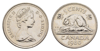Канада 5 центов 1980 Елизавета II (1952-2022), бобр KM 60.2 никель UNC 4630-957