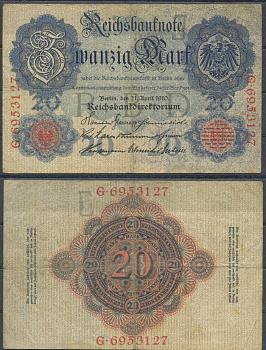 Германия 20 марок 1910 Pick 40 бумага 6285-58-1-2