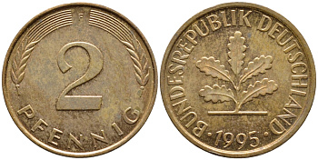 ФРГ 2 ПФЕННИГА 1995 F KM 106a, J.381a сталь плакированная сталь плакированная медьюю 4392-1037