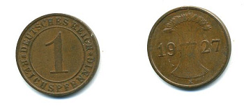ГЕРМАНИЯ 1 РЕЙХСПФЕННИГ 1927 E KM 37, J. 313 бронза 46-841