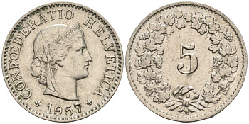 Швейцария 5 раппенов 1957 B KM 26 медно-никель 4608-446