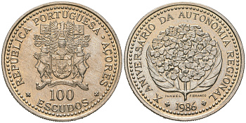 Португалия 100 эскудо 1986 10 лет автономии Азорских островов KM 45 медно-никель UNC 4140-423