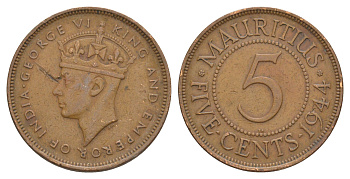 Маврикий 5 центов 1944 KM 20 бронза 4637-227