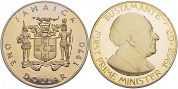 ЯМАЙКА 1 ДОЛЛАР 1970 P, ТИРАЖ 14000 ЭКЗ., ПЕРВЫЙ ПРЕМЬЕР-МИНИСТР БУСТАМАНТЕ 1962-67, ФРАНКЛИН МИНТ KM 50 медно-никель PROOF 01-168-15