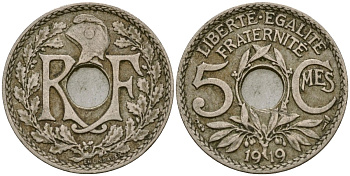 Франция 5 сантимов 1919 тип Линдайё KM 865, Le Franc 121.3 медно-никель 4164-239