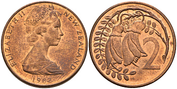Новая Зеландия 2 цента 1982 Елизавета II (1952-2022), два цветка кохаи KM 32.1 бронза    4602-647