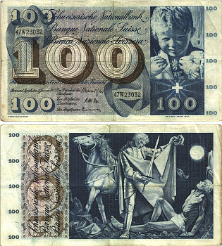 Швейцария 100 франков 1965 23 декабря 1965, серия 47 W, подпись 41 Pick 49 h бумага 8606-20-2-2