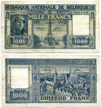 Бельгия 1000 франков 1944 30 октября 1944, подписи: Sontag & Theunis Pick 128a бумага 000-00-00