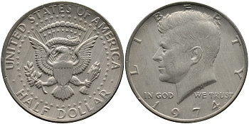 США 1/2 доллара (50 центов) 1974 Джон Кеннеди KM 202b медь плакированная медно-никелем 272-545