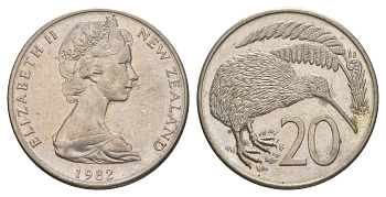 Новая Зеландия 20 центов 1982 Елизавета II (1952-2022), птичка киви KM 36.1 медно-никель 4182-1235