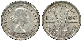 Австралия 3 пенса 1960 m, Елизавета II (1952-2022) KM 57 серебро 71-639