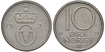Норвегия 10 эре 1974 Улаф V (1958-1991) KM 416 медно-никель 62-1245