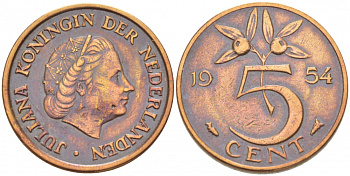 НИДЕРЛАНДЫ 5 ЦЕНТОВ 1954 ЮЛИАНА KM 181 бронза 3718-159