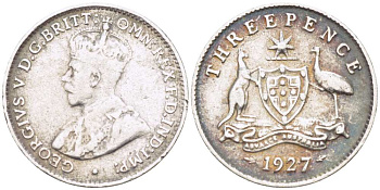 Австралия 3 пенса 1927 m, Георг V (1910-1936), герб Австралии KM 24 серебро 26-928