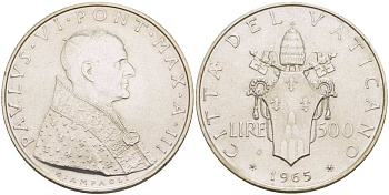 Ватикан 500 лир 1965 III год, Павел VI (1963-1978) KM 83.2 серебро  UNC  4512-744