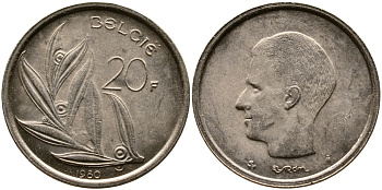 БЕЛЬГИЯ 20 ФРАНКОВ 1980 BELGIE, БОДУЭН I (1951-1993) KM 160 никель бронза 4388-1227