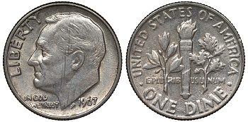 США 10 центов (дайм) 1967 Рузвельт KM 195а медь плакированная медно-никелем 4124-436