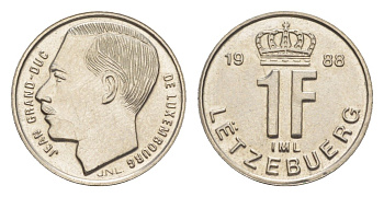 Люксембург 1 франк 1988 KM 63 сталь плакированная никелем UNC 4644-942