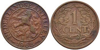 Нидерландские Антилы 1 цент 1968 Юлиана (1948-1980) KM 1 бронза 66-949