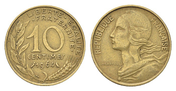 Франция 10 сантимов 1964 KM 929 алюминиевая бронза 4702-1258