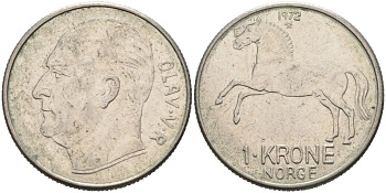 Норвегия 1 крона 1972 Улаф V (1957-1991), лошадь KM 409 медно-никель 4575-122