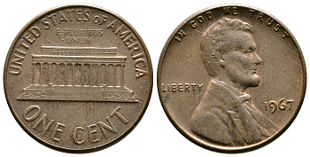 США 1 цент 1967 Авраам Линкольн KM 201 медь цинк 3458-133