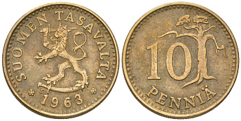 Финляндия 10 пенни 1963 S KM 46 алюминиевая бронза 4174-867