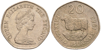 Фолклендские острова 20 пенсов 1982 Елизавета II (1952-2022), овца Ромни-марш KM 17 медно-никель 87-136