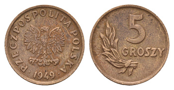 Польша 5 грошей 1949 Y 41 бронза 187-337