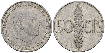 Испания 50 сентимо 1966 (67) Франсиско Франко (1939-1975) KM 795 алюминий 4398-243