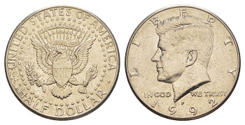 США 1/2 доллара (50 центов) 1992 P, Джон Кеннеди KM A202b медь плакированная медно-никелем aUNC 4517-633