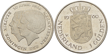 Нидерланды 1 гульден 1980 на коронацию Беатрикс, 30 апреля 1980 KM 200 никель 31-844