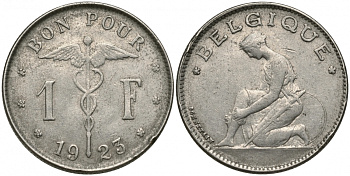 Бельгия 1 франк 1923 Belgique, Альберт I (1909-1934) KM 89 никель 51-1947